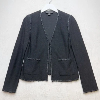 ST JOHN Wool Crepe Jacket Delicate Chain Fringe Trim Black Elegant Old Money 4 - Image 1 of 4