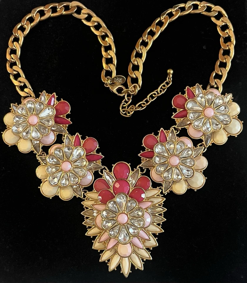 Joan Rivers Signed Pink Rhinestone Enamel Bib Gold Tone Statement Necklace 20" - Image 1 of 3