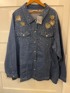 Women's Quacker Factory Blue Denim Jean Jacket 2X with Gold Pearl Hearts New - Picture 1 of 7