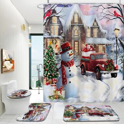 DDQQ 4 Piezas Feliz Navidad Juegos de Cortinas de Ducha con Alfombras, Baño Coche Navidad Rojo Foto 1 de 4