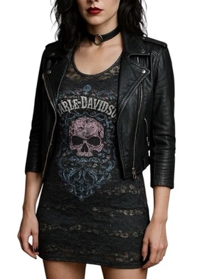 Harley-Davidson Full Lace Skull Graphic Dress 3/4 Sleeve Grunge Biker Goth Sz M - Image 1 of 4