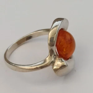 Amber Ring Honey Modernist Silver Sterling 925 Deco Minimalist 7.75 Vintage Gift - Picture 1 of 13