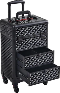 Rolling Makeup Train Case with Drawers Professional Nail Tech Travel Case Cosmet - Picture 1 of 7