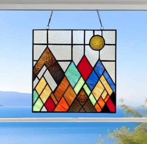 Vibrant Colored Mountain Range Tiffany Style Suncatcher Stained Glass Panel 10in - Picture 1 of 6
