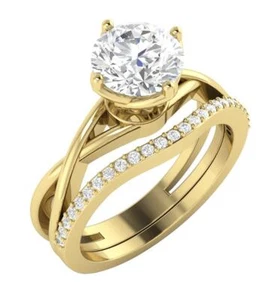 Lab Grown Round Diamond VS F 1.30 Ct Bridal Ring Set 10K Yellow Gold Prong Set - Picture 1 of 8