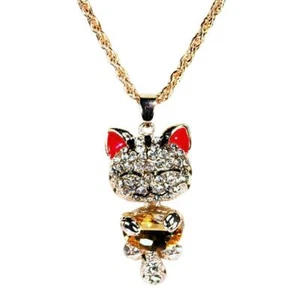 CUTE CAT NECKLACE Large Sparkling Crystal Pendant Kitty Charm Jewelry Rhinestone - Picture 1 of 3