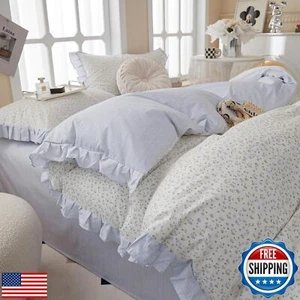 Garden Style Lace Duvet Cover Cute Blue Flower Print Ruffle Duvet Cover Twin - Picture 1 of 5