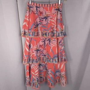 Womens Skirt L Coral Hawaiian Floral Tiered Maxi Aloha Tropical Flirty Vibes - Picture 1 of 16