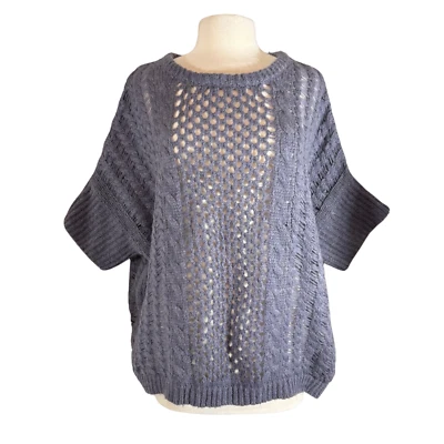 Suéter BCBGMAXAZRIA Talla L Gran Tamaño Manga Corta Kimono Púrpura Gris Tejido Abierto Foto 1 de 4