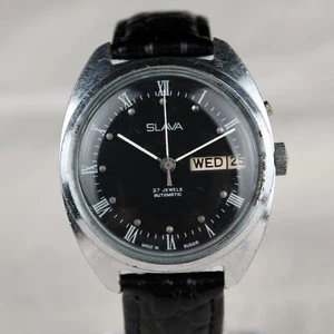 1990s SLAVA Day/Date Black Dial Original Vintage Soviet Mechanical Watch USSR - Picture 1 of 13