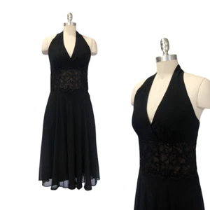 Vintage Y2K schwarz Neckholder Midikleid Gr. 8 M Spitze Perlen Gothic Whimsigoth - Bild 1 von 9