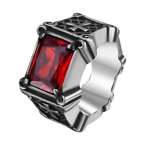 Mens Stainless Steel Black Ruby Glass Stone Cross Ring Gothic Biker Signet Band - Picture 1 of 18