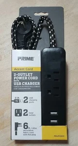 Prime 2-Outlet 2-Port 2.1AMP USB Power Strip 6ft Accent Braided Black Cord NEW!