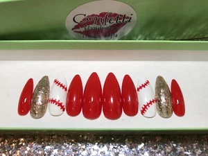 Baseball Press On Nail Set Glue On Red Gold Glitter T-Ball Softball - Picture 1 of 6