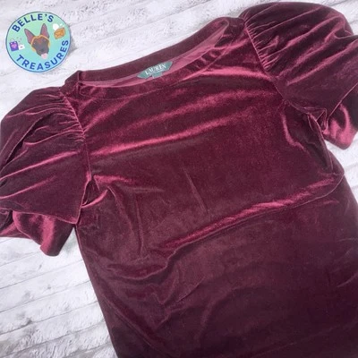 Lauren Ralph Lauren Small Dark Red Velvet Knot Puff Short Sleeve Romance Grunge - Image 1 of 4