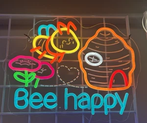 Bee Happy W Honeycomb Neon Sign for Wall Decor Decorations  Led Sign - Picture 1 of 1