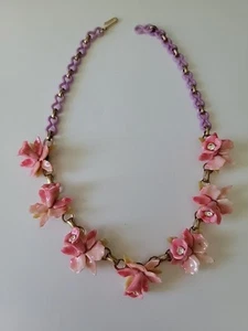 Vintage bunte Zelluloid Strass Orchidee Iris Kette Glieder Halskette Halsband 16" - Bild 1 von 15