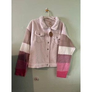 BiBi Sherpa Shacket Damen XL Teddyjacke Rosa Creme Colorblockärmel Neu mit Etikett  - Bild 1 von 12