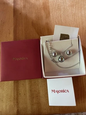 "Juego de collar y pendientes perforados Majorica de plata de ley 925 con perlas de 16""" Foto 1 de 2