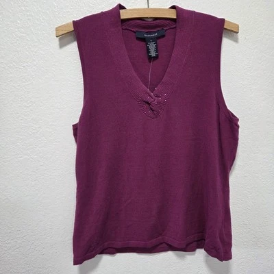 Jones Wear Magenta Knit  Rhinestone Stretch Cotton V-Neck Top Blouse Women Sz L - Image 1 of 4