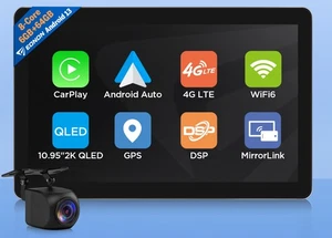 10.95" Android 13 CarPlay Car Stereo FM Radio GPS Bluetooth 4G 6+64GB Single Din - Picture 1 of 23