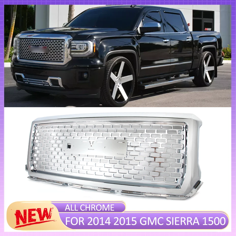 Denali Style Front Bumper Hood Upper Grille Chrome For 2014 2015 GMC Sierra 1500 - Изображение 1 из 4
