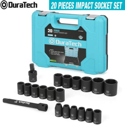 DURATECH 1/2" Drive Impact Socket Set 20PCS Shallow Socket Set Metric Bar Joints - Image 1 of 4