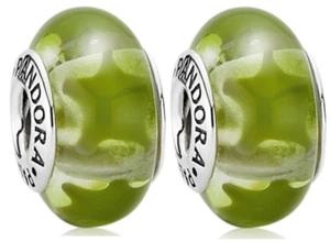 (PAIR) Authentic Pandora Retired Sterling Silver Murano Glass Green Stars 790907 - Picture 1 of 7