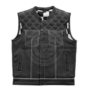 Men's Black Genuine Motorcycle Leather Biker Vest White Lining Checker Vest - Picture 1 of 4