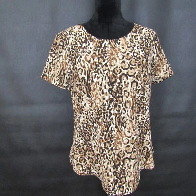 Camisa Merona Top Blusa Pullover Cuello Redondo Mujer L Marrón Estampado Leopardo Foto 1 de 4