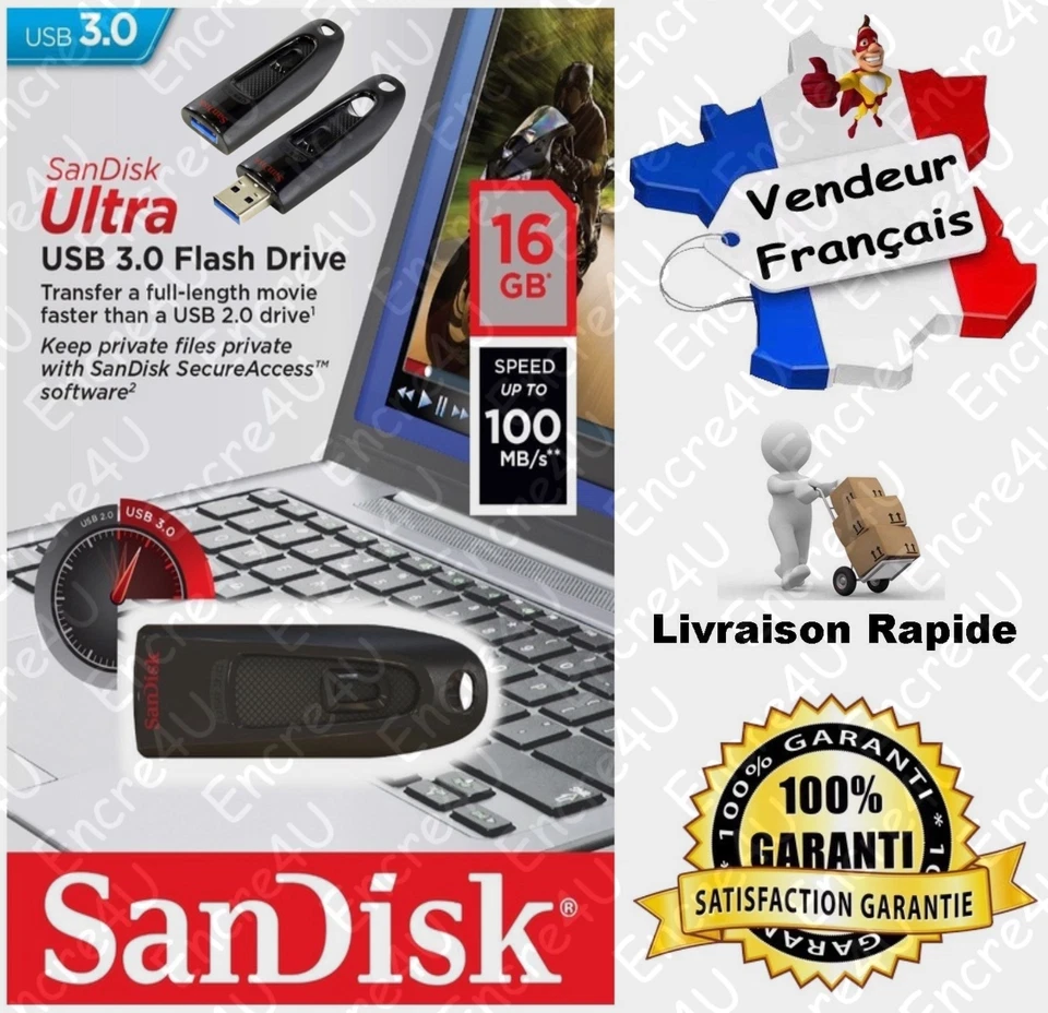 Clé USB 3.0 SANDISK 16 Gb ULTRA SDCZ48 100 MB/s - Disponible aussi 32 64 128 Go - Photo 1/1