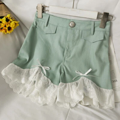 Lady Hot Pants Shorts Mini Ruffle Lace Trim Crystal Botton Cute Bow Summer Slim - Image 1 of 4