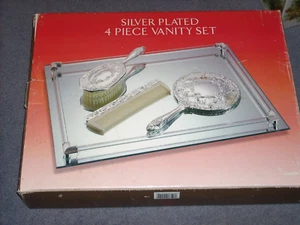 NIB Goldinger Silverplated Vanity Dresser Set w/ Box Brush Mirror Comb Tray - Picture 1 of 5
