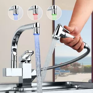 UK LED Kitchen Swivel Pull Out Hand Sprayer Sink Faucet Single Handle Mixer Taps - Picture 1 of 12