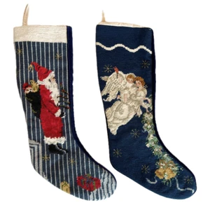 22" Santa Claus and Angels Vintage Needlepoint Christmas Stockings - Set of 2 - Picture 1 of 2