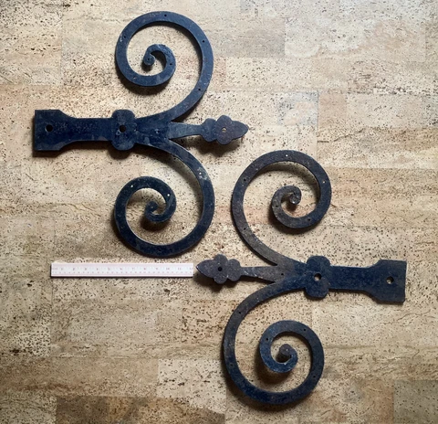 Pair Large Antique Wrought Iron Scoll Faux Hinge Straps Architectural Salvage Cover