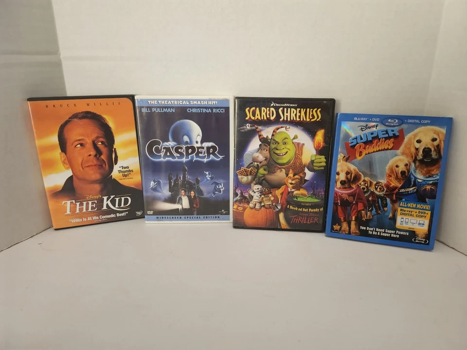 Lot of 3 DVDs: The Kid, Casper, Shrek Scares Stupid & 1 Blu Ray Super Buddies - Image 1 of 4