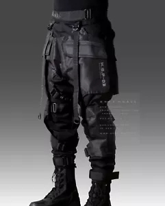 Men's Black Streetwear Techwear Cyberpunk Heavy Cargo Trouser Pants H.G.P-03/BLK - Picture 1 of 5