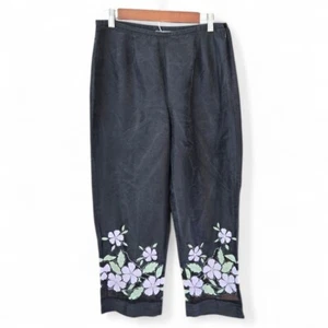 Yves Cossette Depeche Mode Black Silk Pants Floral Embroidery & Sequins Size 10 - Picture 1 of 6