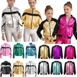 Girls Metallic Sequin Bomber Jacket Coat Hip Hop Jazz Disco Dance Top Outerwear - Picture 1 of 96