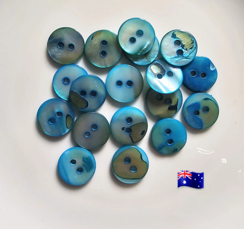 20pcs 15mm Cyan Blue Shell Round 2 Hole Buttons - Image 1 of 1
