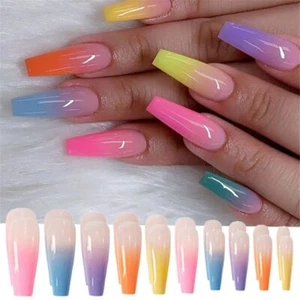 Rainbow Ombre Long Coffin Press On Nails Fake False Full Cover 20 Pcs Nail Set - Picture 1 of 8