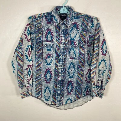 Vintage Wrangler Shirt Mens 15.5 - 34 Blue Denim Aztec Pearl Snap Western Cowboy - Image 1 of 4