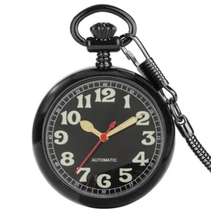 Mens Black Mechanical Pocket Watch Luminous Open Face Skeleton Design Windup - Picture 1 of 9