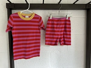 EUC HANNA ANDERSSON SHORT JOHNS PAJAMAS SZ 120 US 6-7 Red Pink Stripes - Picture 1 of 9