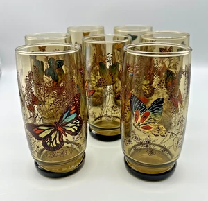 Vintage Bernstein Schmetterling Glas Becher Set 7 Blumen 6 Zoll Retro Trinkgeschirr EUC - Bild 1 von 8