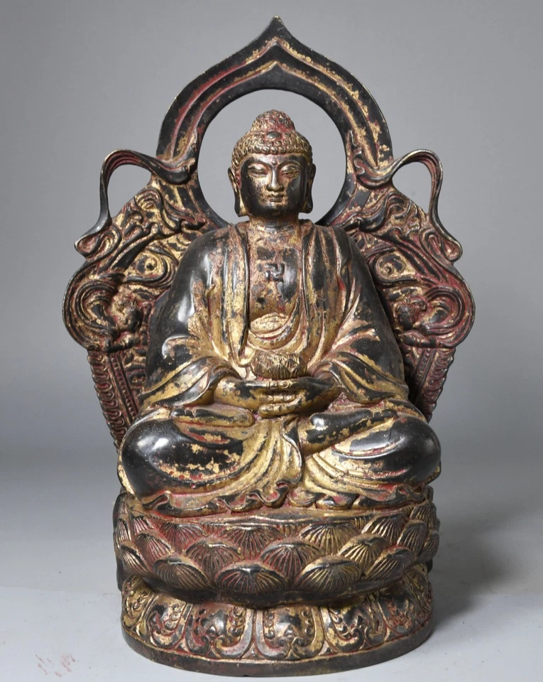 Antigua estatua de Buda Amitabha dorada bronce budismo tibetano antiguo de China de 10" Foto 1 de 4
