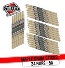 24 Pair Pack- 5A Drum Sticks Maple Wood by GRIFFIN Percussion Practice Drumming