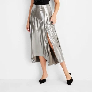 Women's Holiday Flowy Satin Midi Skirt - Future Collective Silver L - Picture 1 of 3