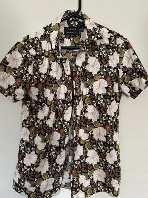 TOPMAN Black White Gold Floral Hawaiian Shirt stretch slim fit size L - Image 1 of 2